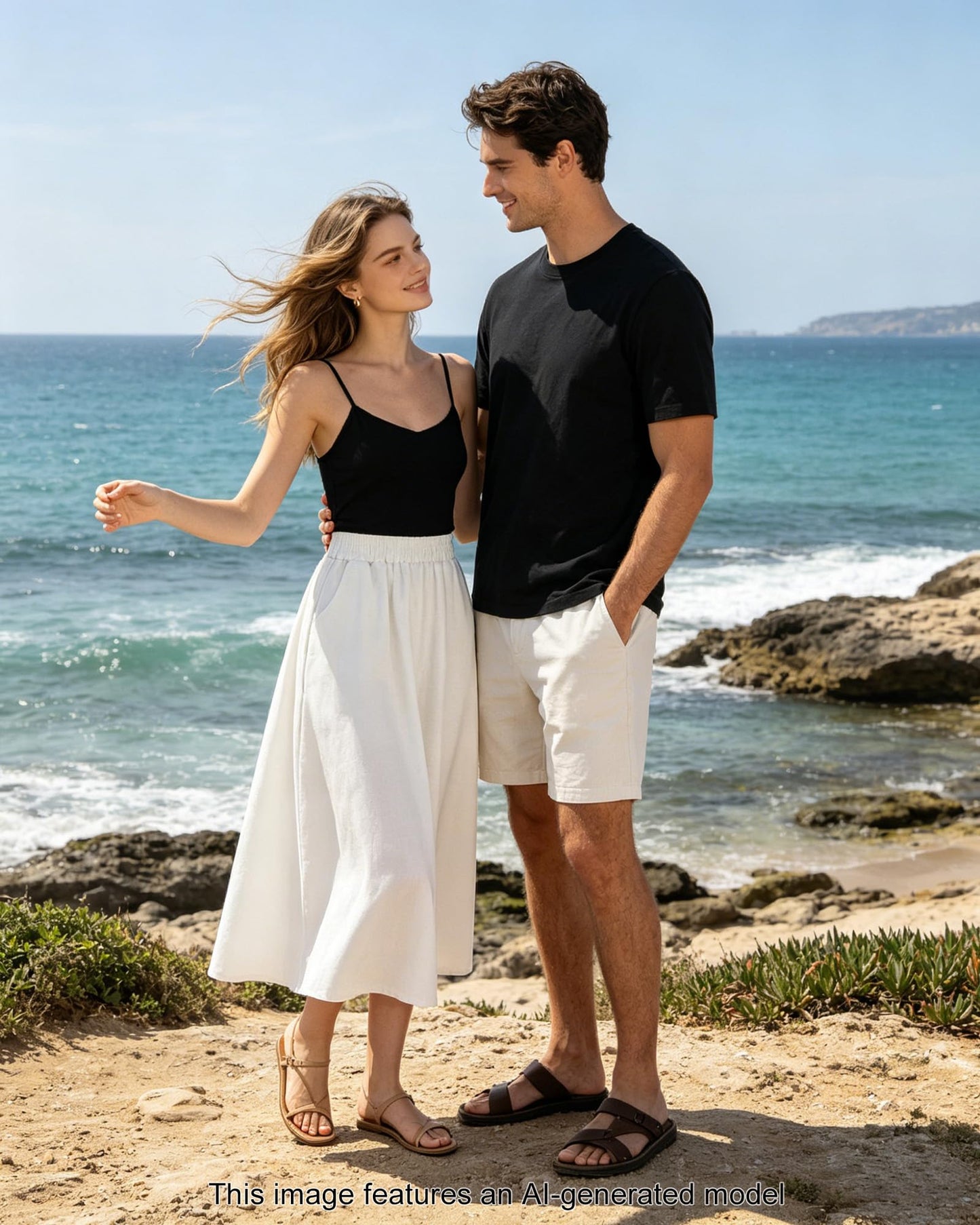 Women's Flowy Bohemian Midi Linen Skirt (with Pockets) | High-Waisted Elastic A-Line Casual Beach Skirt