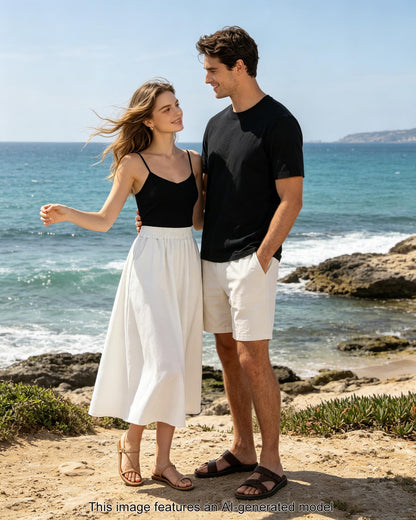 Women's Flowy Bohemian Midi Linen Skirt (with Pockets) | High-Waisted Elastic A-Line Casual Beach Skirt