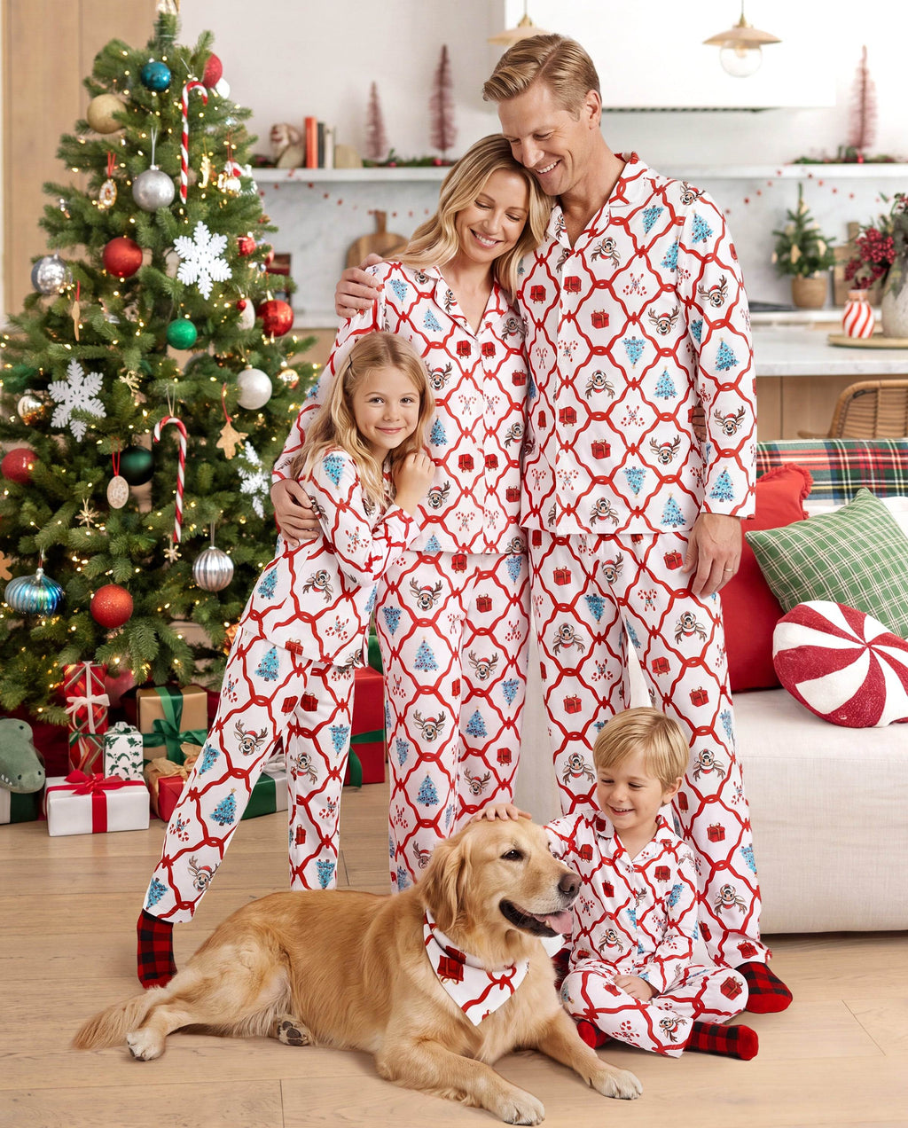 Matching Family Christmas Pajamas Reindeer & Christmas Tree Print Red