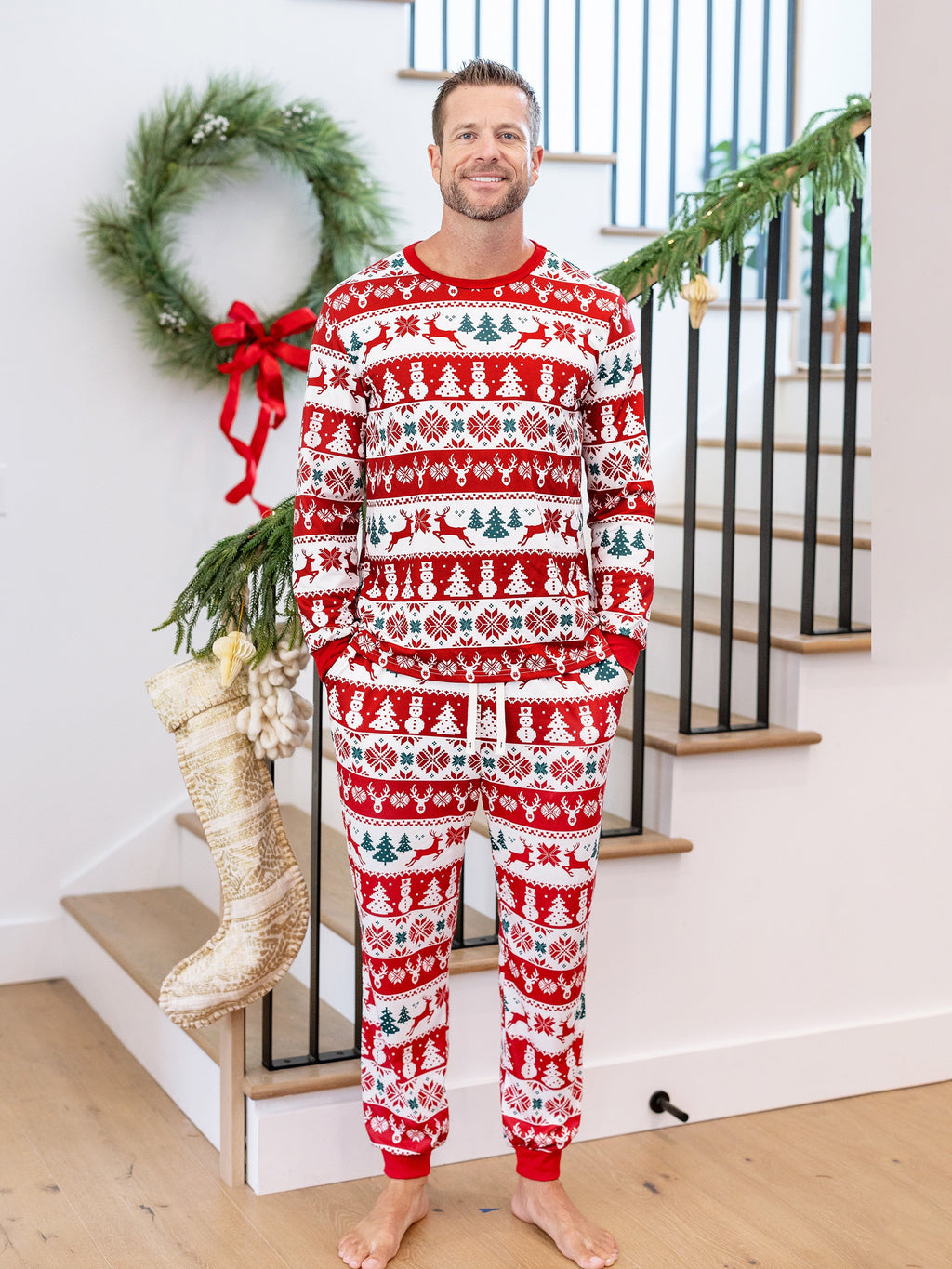 Matching Family Christmas Pajamas Fair Isle Print Red & White