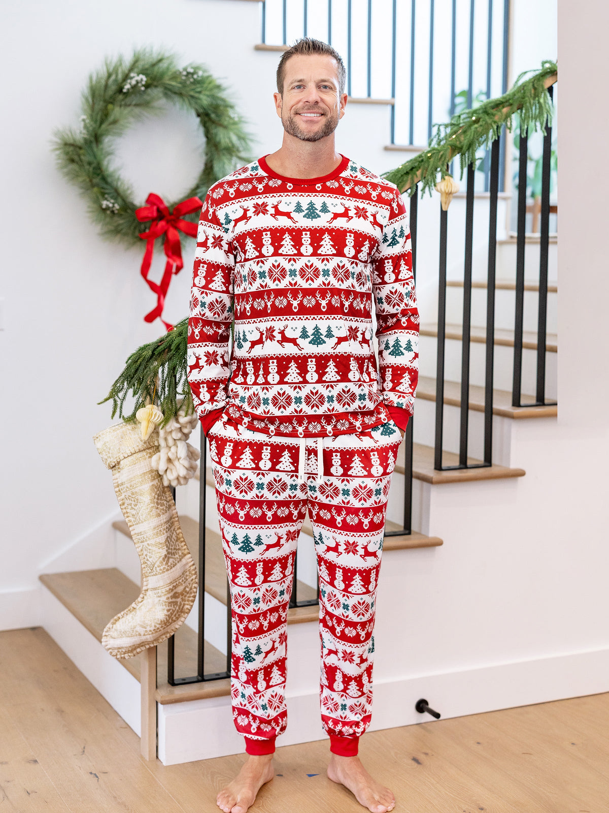 Matching Family Christmas Pajamas Fair Isle Print Red & White