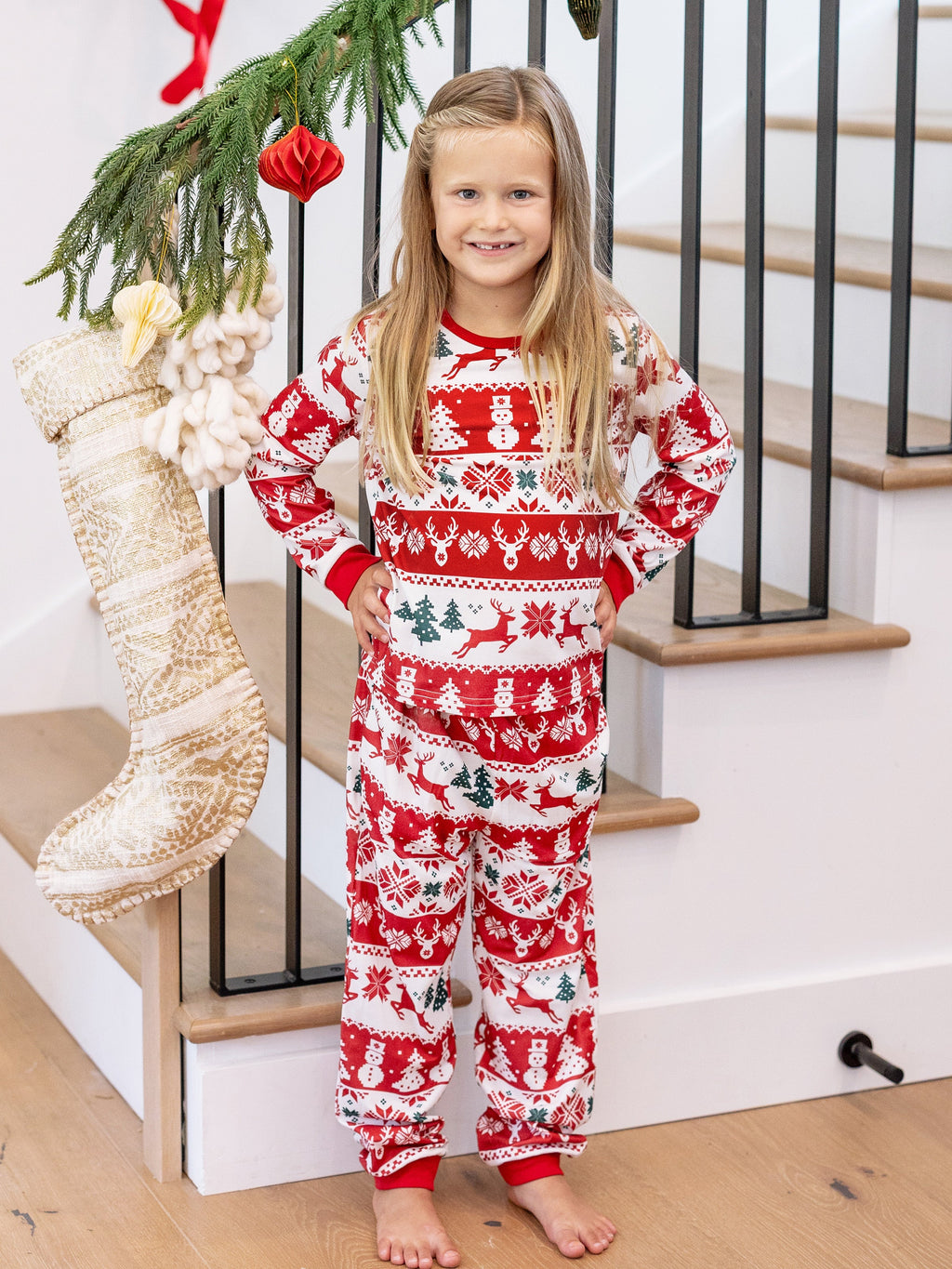 Matching Family Christmas Pajamas Fair Isle Print Red & White