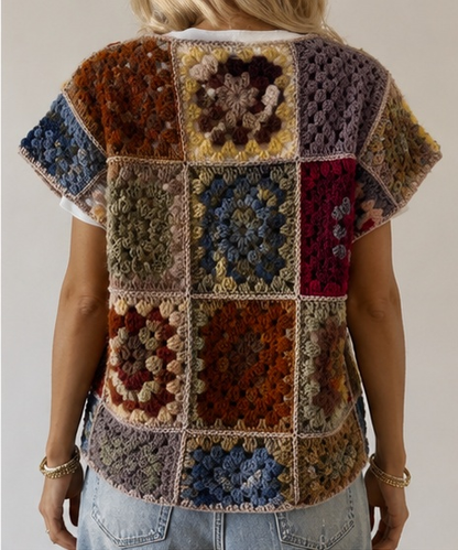 Women's Vintage Patchwork Crochet Hooded Vest | Boho Zip-Up Sleeveless Jacket