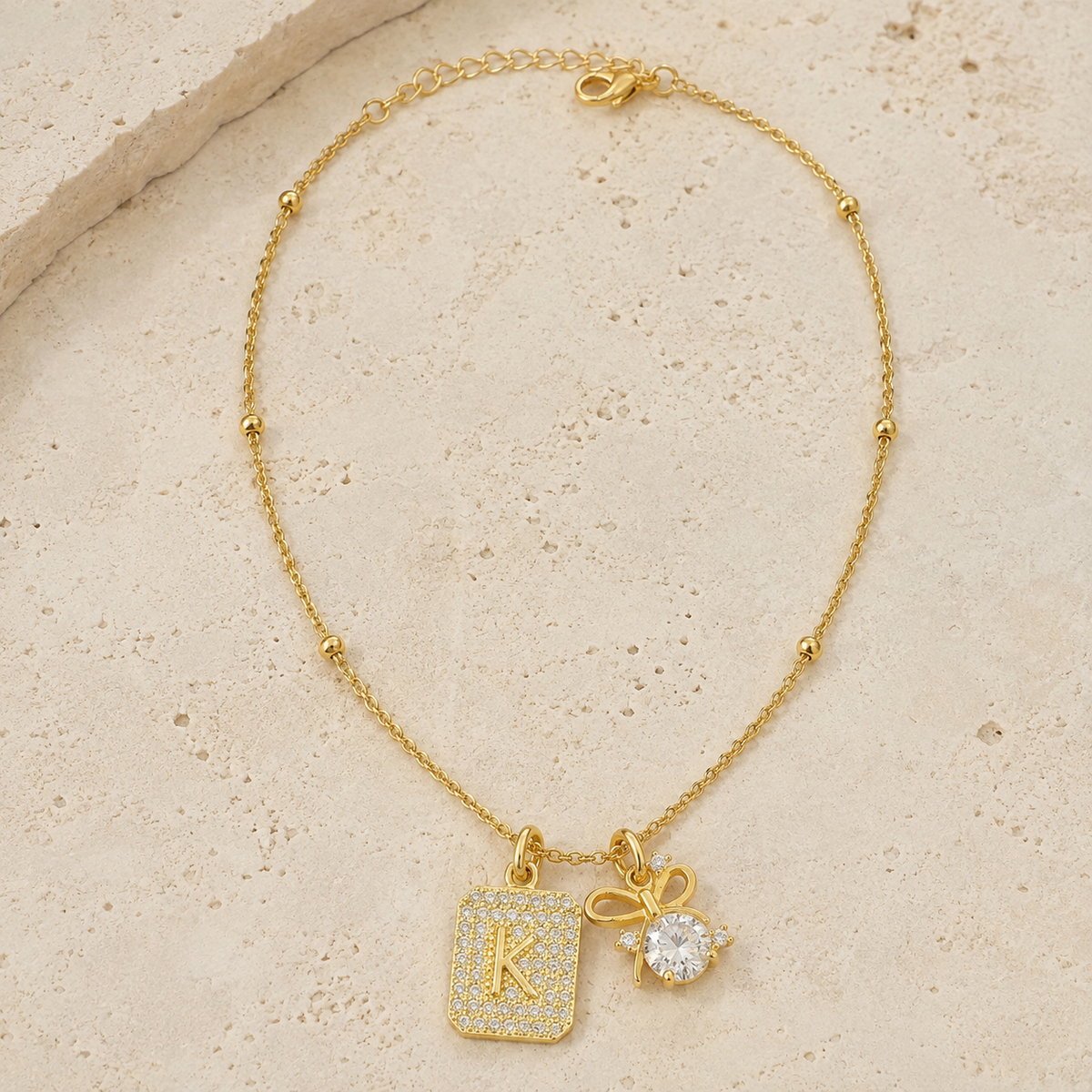 Gold Initial & Bow Charm Necklace