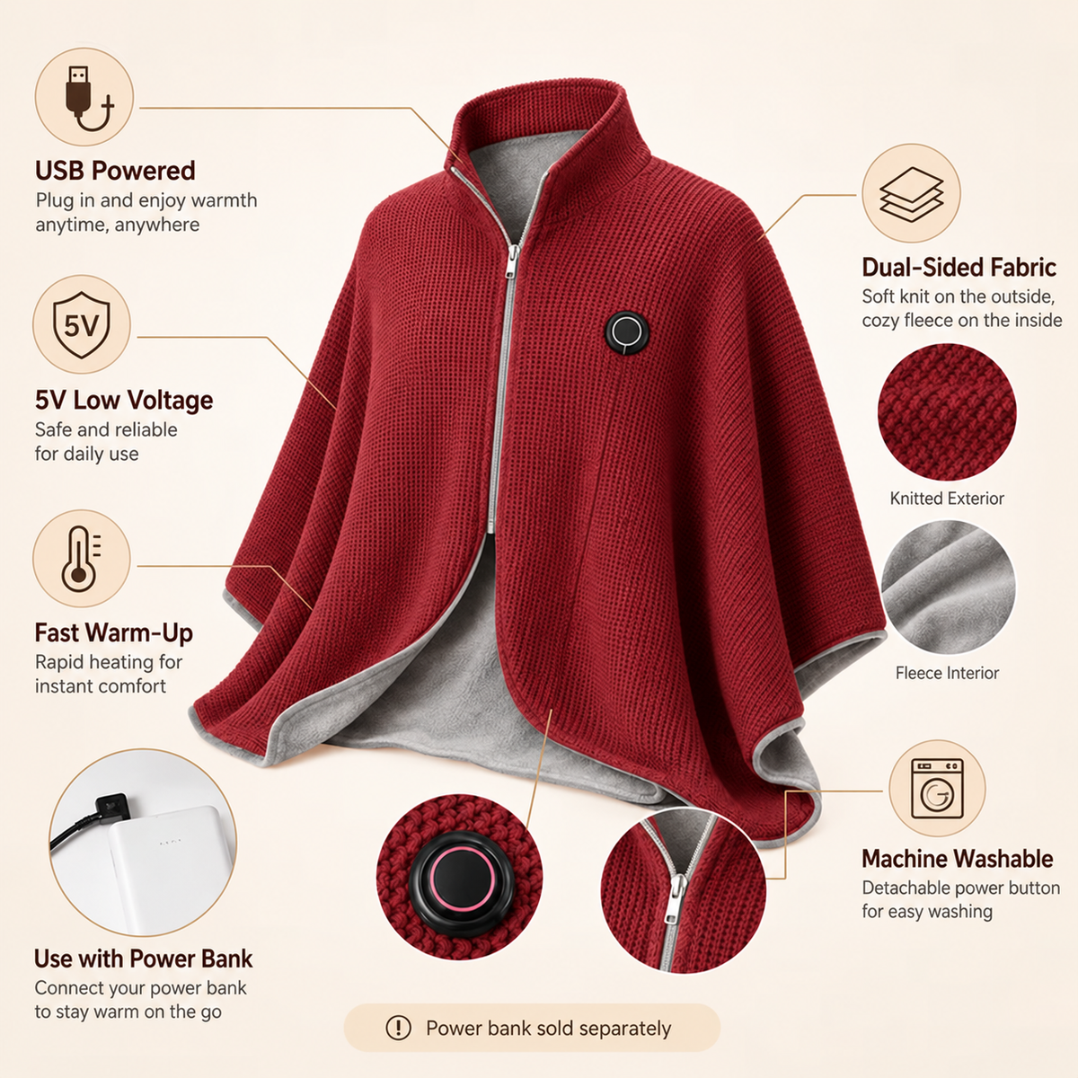 ♨️Wearable Heated Blanket – 8 Heating Zones & 3 Heat Levels