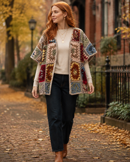 Women's Vintage Patchwork Crochet Hooded Vest | Boho Zip-Up Sleeveless Jacket