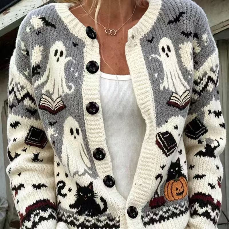 FALL & WINTER NEW ARRIVALS UP TO 50% OFF   Women's Custom-Pattern Cardigan | Halloween Print Button-Front Sweater