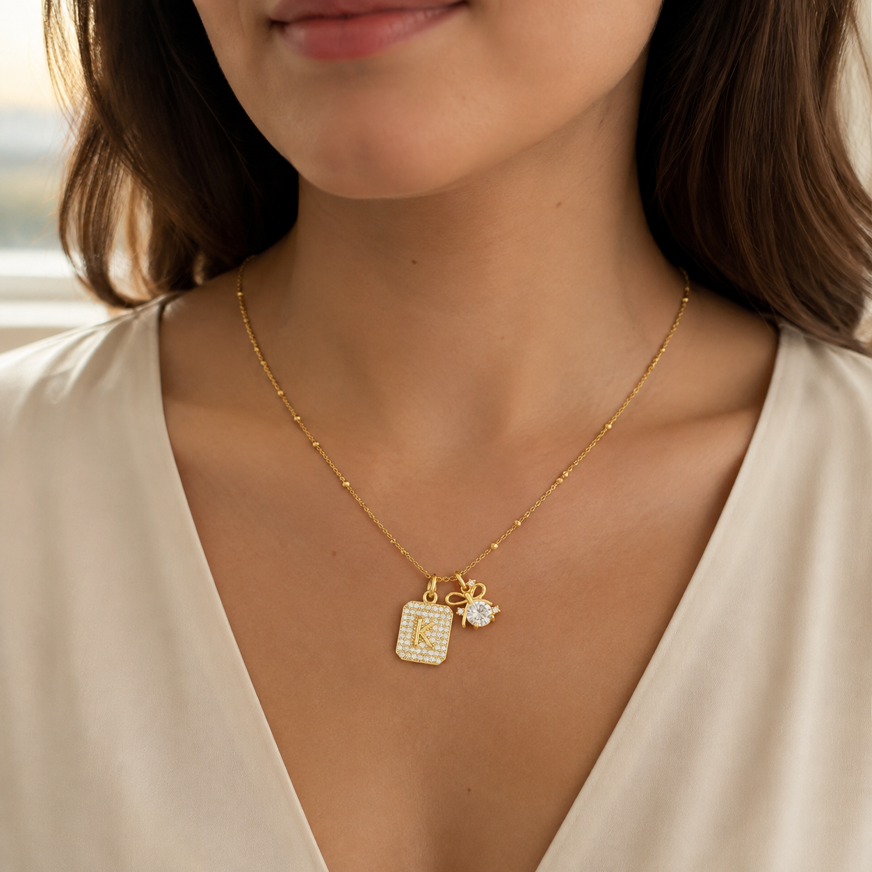 Gold Initial & Bow Charm Necklace