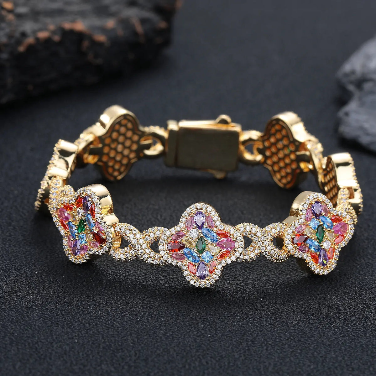 ✨ Lucky Clover Colorful Zircon Bracelet – Gold-Plated Charm Jewelry