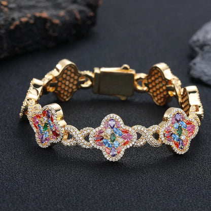 ✨ Lucky Clover Colorful Zircon Bracelet – Gold-Plated Charm Jewelry
