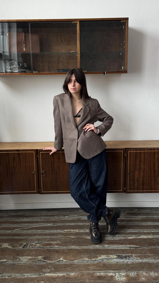 Vintage-Inspired Brown Check Blazer – Relaxed Tailored Wool-Blend Jacket for Women