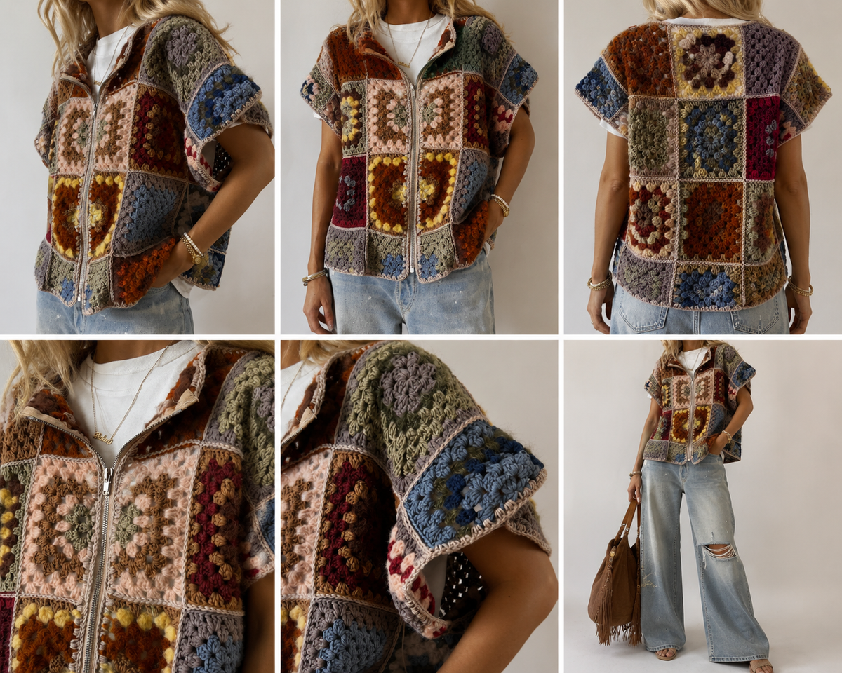 Women's Vintage Patchwork Crochet Hooded Vest | Boho Zip-Up Sleeveless Jacket