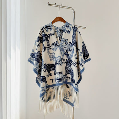 Women’s Thick Oversized Cashmere-Feel Cape Shawl – Double-Sided Jacquard Fringe Wrap