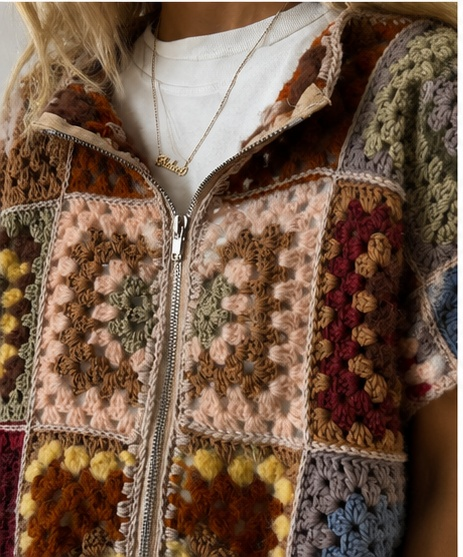 Women's Vintage Patchwork Crochet Hooded Vest | Boho Zip-Up Sleeveless Jacket