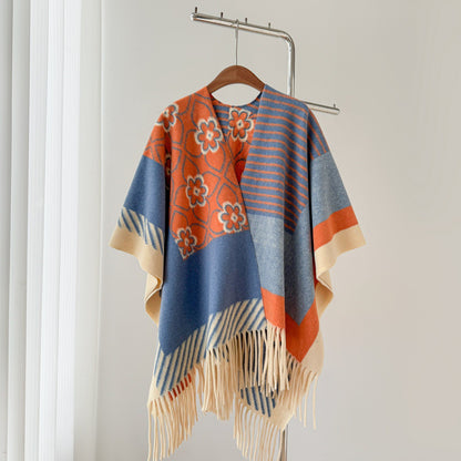 Women’s Thick Oversized Cashmere-Feel Cape Shawl – Double-Sided Jacquard Fringe Wrap