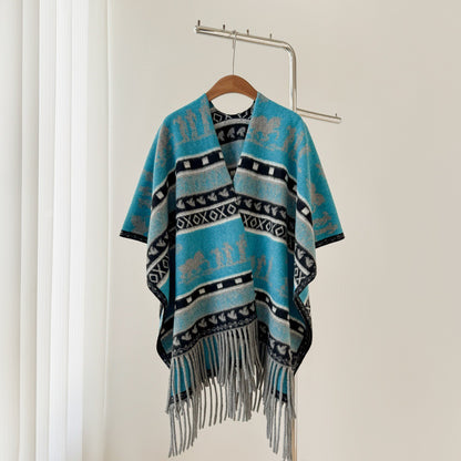 Women’s Thick Oversized Cashmere-Feel Cape Shawl – Double-Sided Jacquard Fringe Wrap