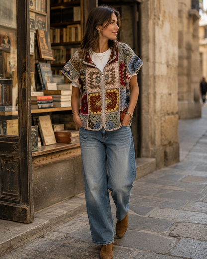 Women's Vintage Patchwork Crochet Hooded Vest | Boho Zip-Up Sleeveless Jacket
