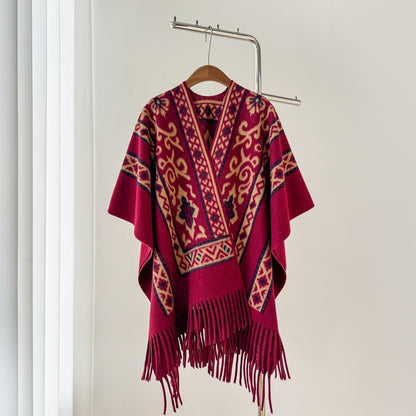 Women’s Thick Oversized Cashmere-Feel Cape Shawl – Double-Sided Jacquard Fringe Wrap