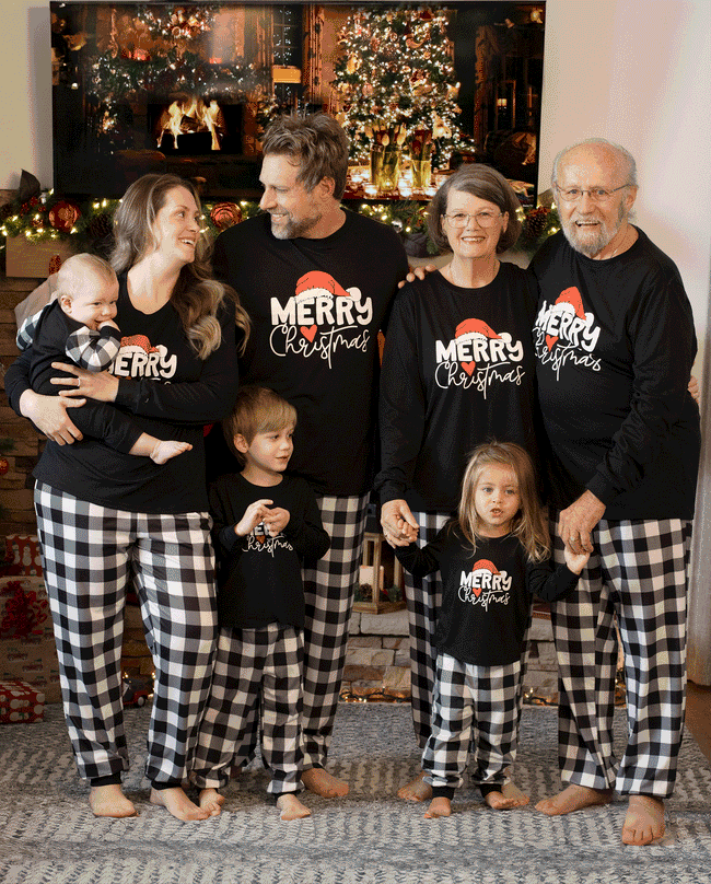 Matching Family Christmas Pajamas Santa Hat Plaid Glow in the Dark Black Main Image