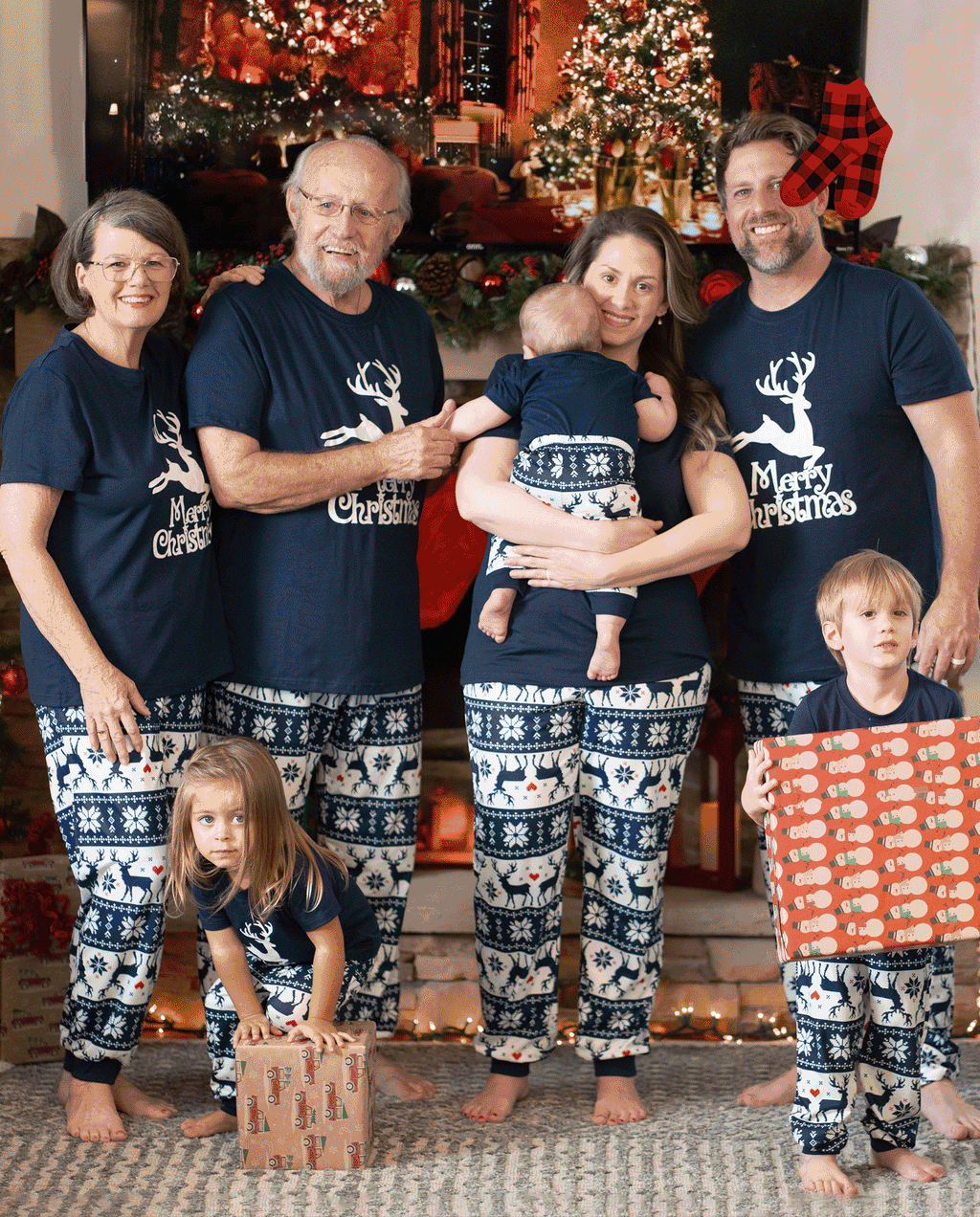 Christmas Reindeer Print Glow in the Dark Family Matching Pajamas Sets with Christmas Socks Deep Blue