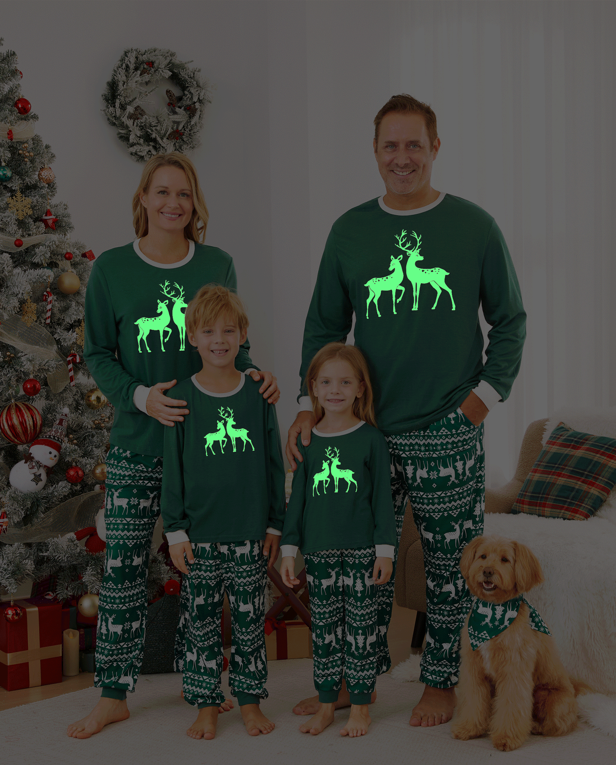 Christmas Family Matching Glow in the Dark Reindeer Tops Allover Pattern Pants Pajamas Sets with Christmas Socks