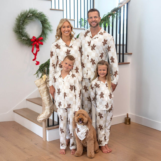 Family Matching Christmas Pajamas Gingerbread & Plaid Print Khaki Hover Image
