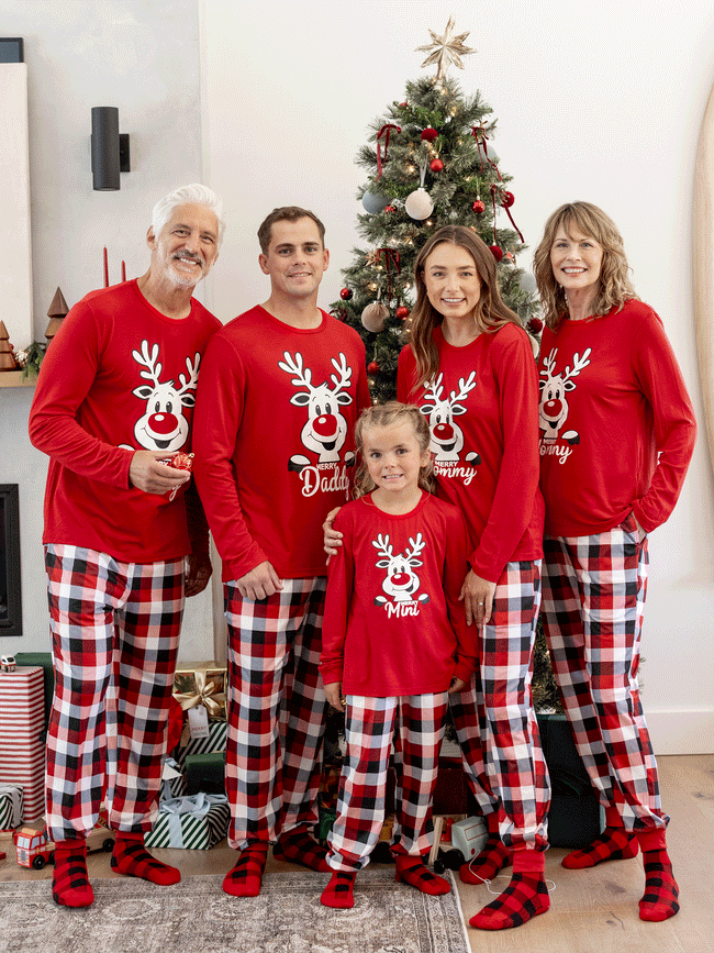 Matching Family Christmas Pajamas Reindeer Plaid Glow in the Dark Red Main Image