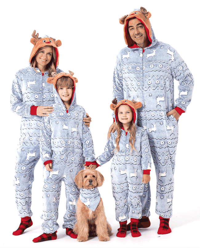 Christmas Onesies Matching Family Pajamas Set Reindeer Print Glow In The Dark PJS with Christmas Socks White/Gray Hover Image