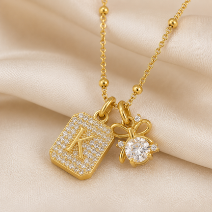 Gold Initial & Bow Charm Necklace