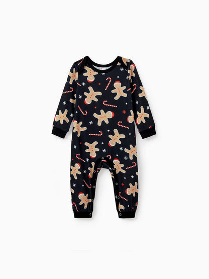 Christmas Matching Family Pajamas Set Gingerbread Print Black PJS with Christmas Socks Black