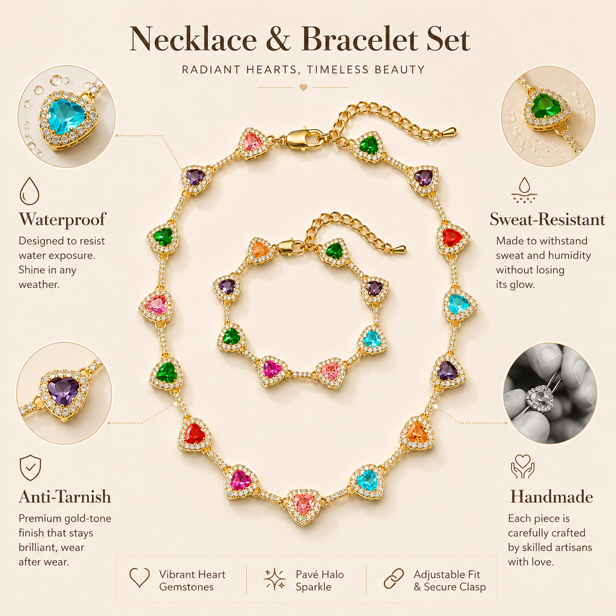 Baokang Colorful Heart Gemstone Necklace Set