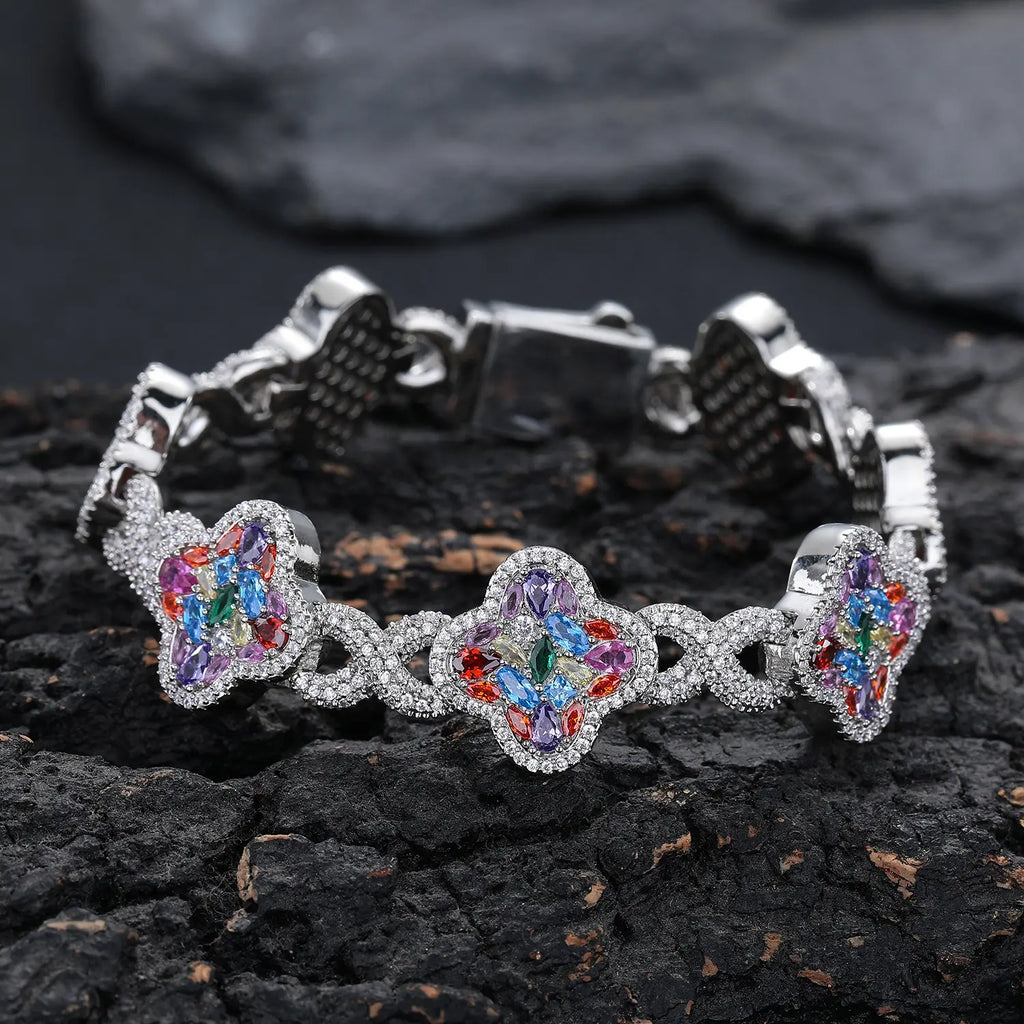 ✨ Lucky Clover Colorful Zircon Bracelet – Gold-Plated Charm Jewelry