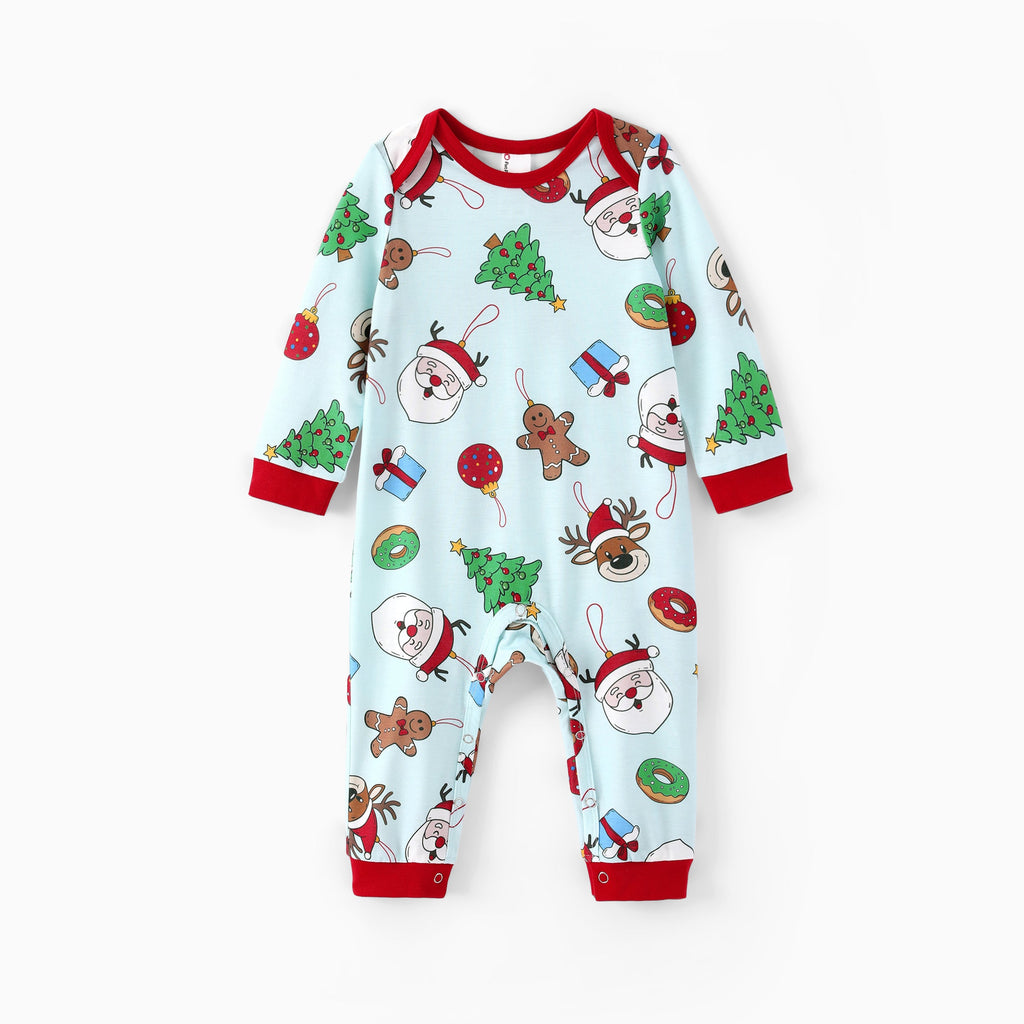 Family Matching Christmas Pajamas Santa & Christmas Tree Print Green