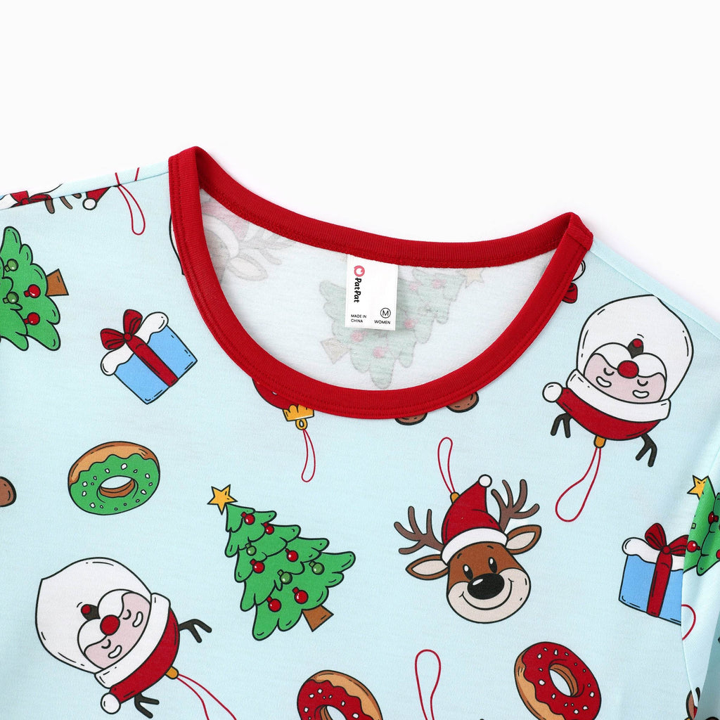 Christmas Matching Family Pajamas Santa & Xmas Tree Print Teal