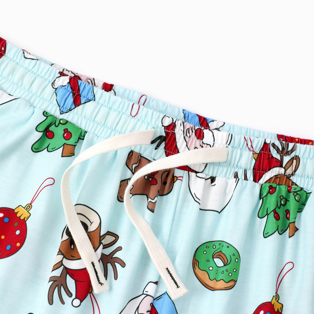 Christmas Matching Family Pajamas Santa & Xmas Tree Print Teal