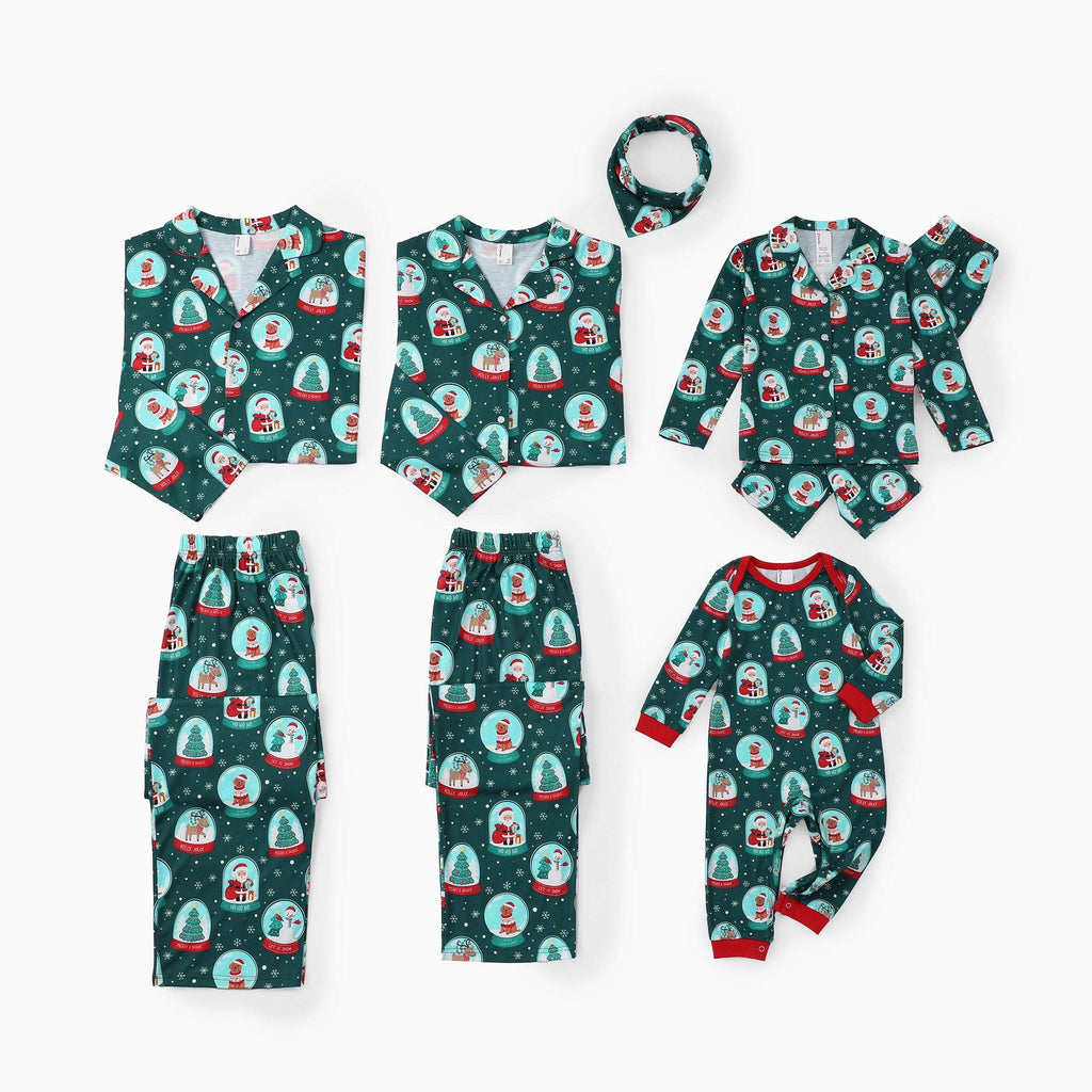 Matching Family Christmas Pajamas Snow Globe Print Dark Green Plus Size