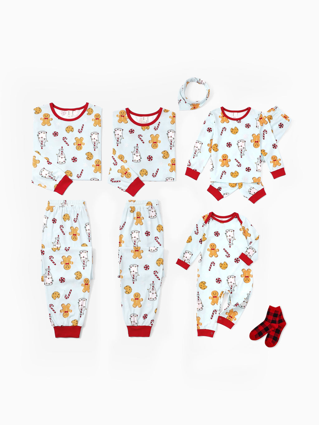 Family Matching Christmas Pajamas Gingerbread & Milk Print Blue