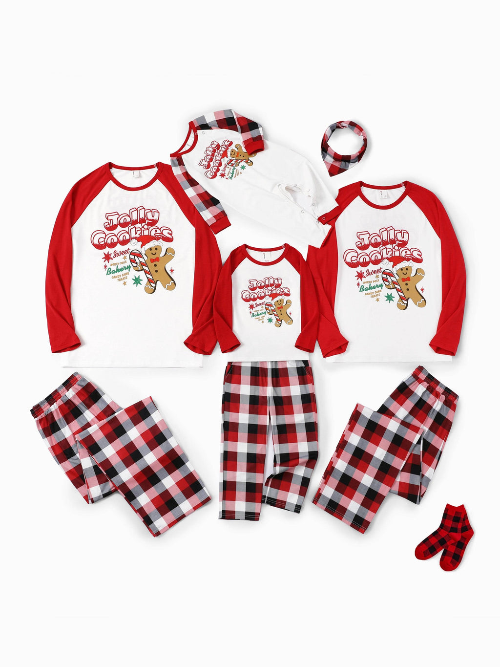 Matching Family Christmas Pajamas Gingerbread & Plaid Print Red