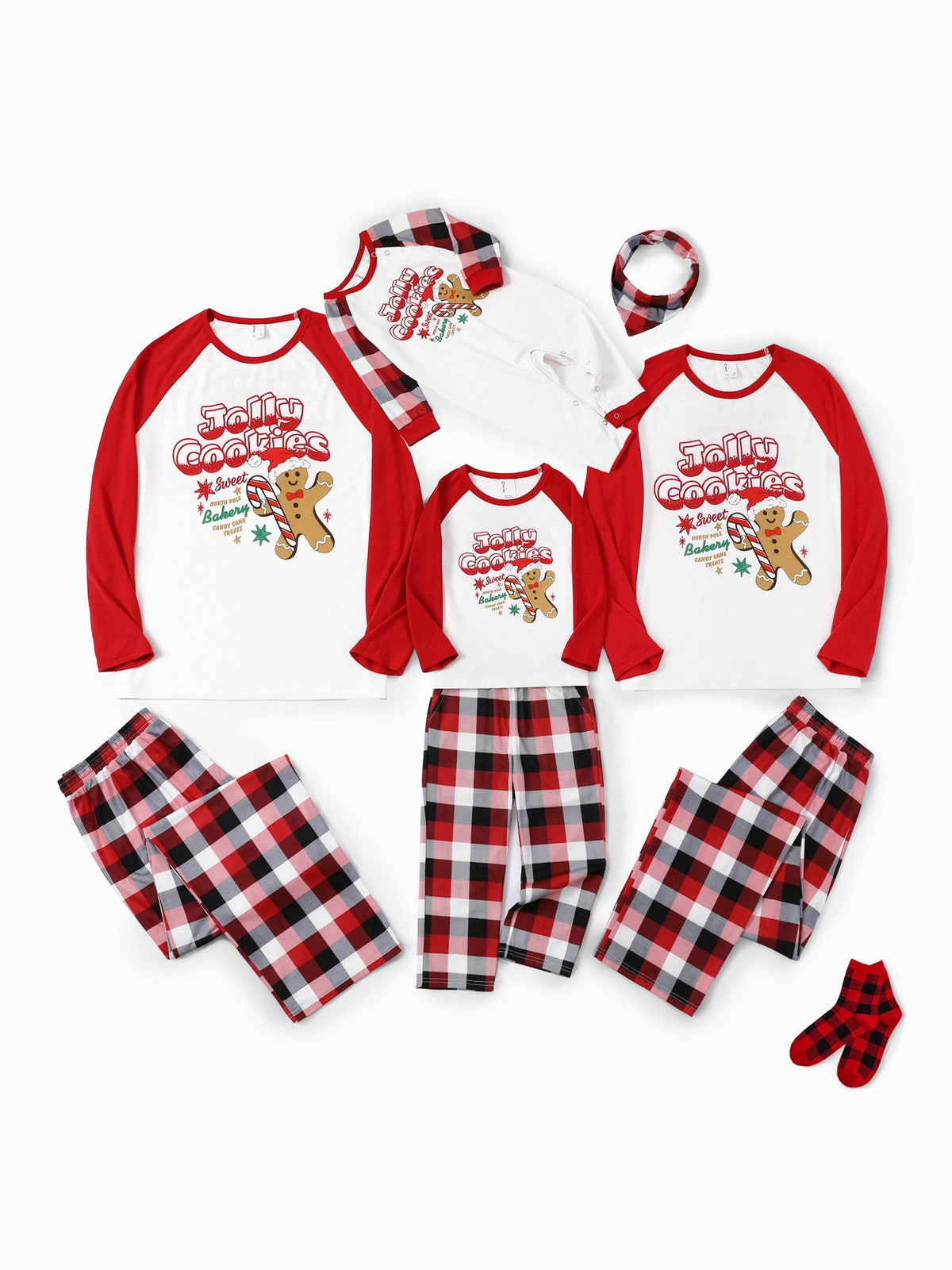 Matching Family Christmas Pajamas Gingerbread & Plaid Print Red