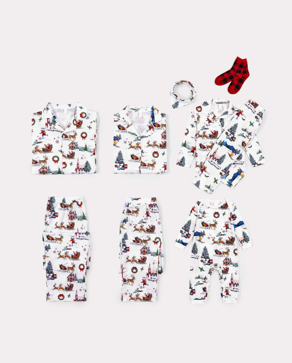 Christmas Matching Family Pajamas Xmas Village Print White