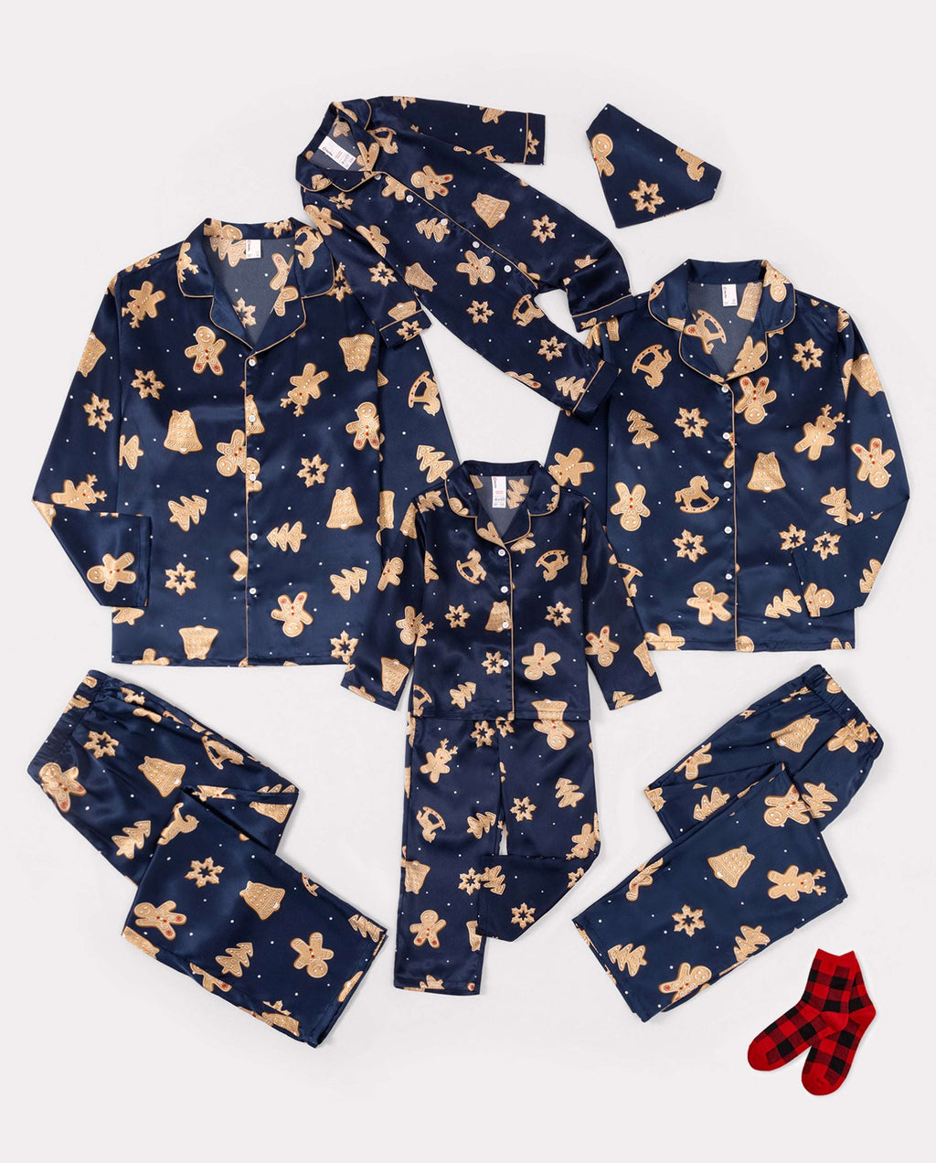 Christmas Matching Family Satin Pajamas Gingerbread Print Navy