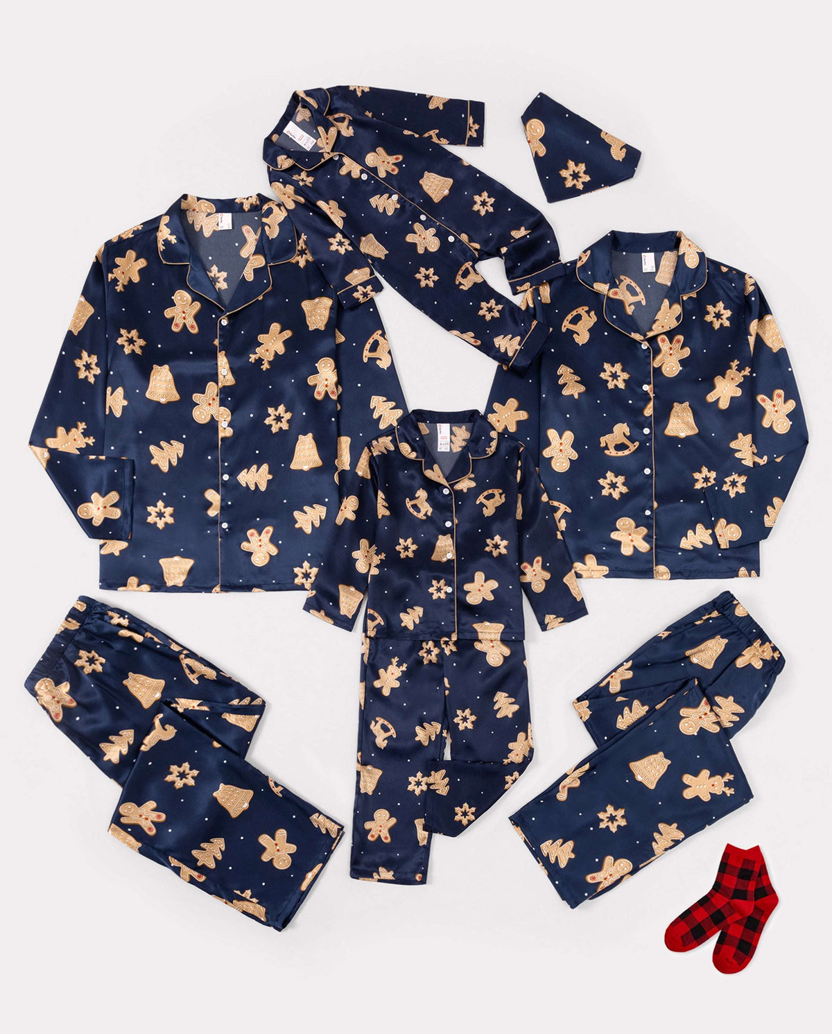 Christmas Matching Family Satin Pajamas Gingerbread Print Navy