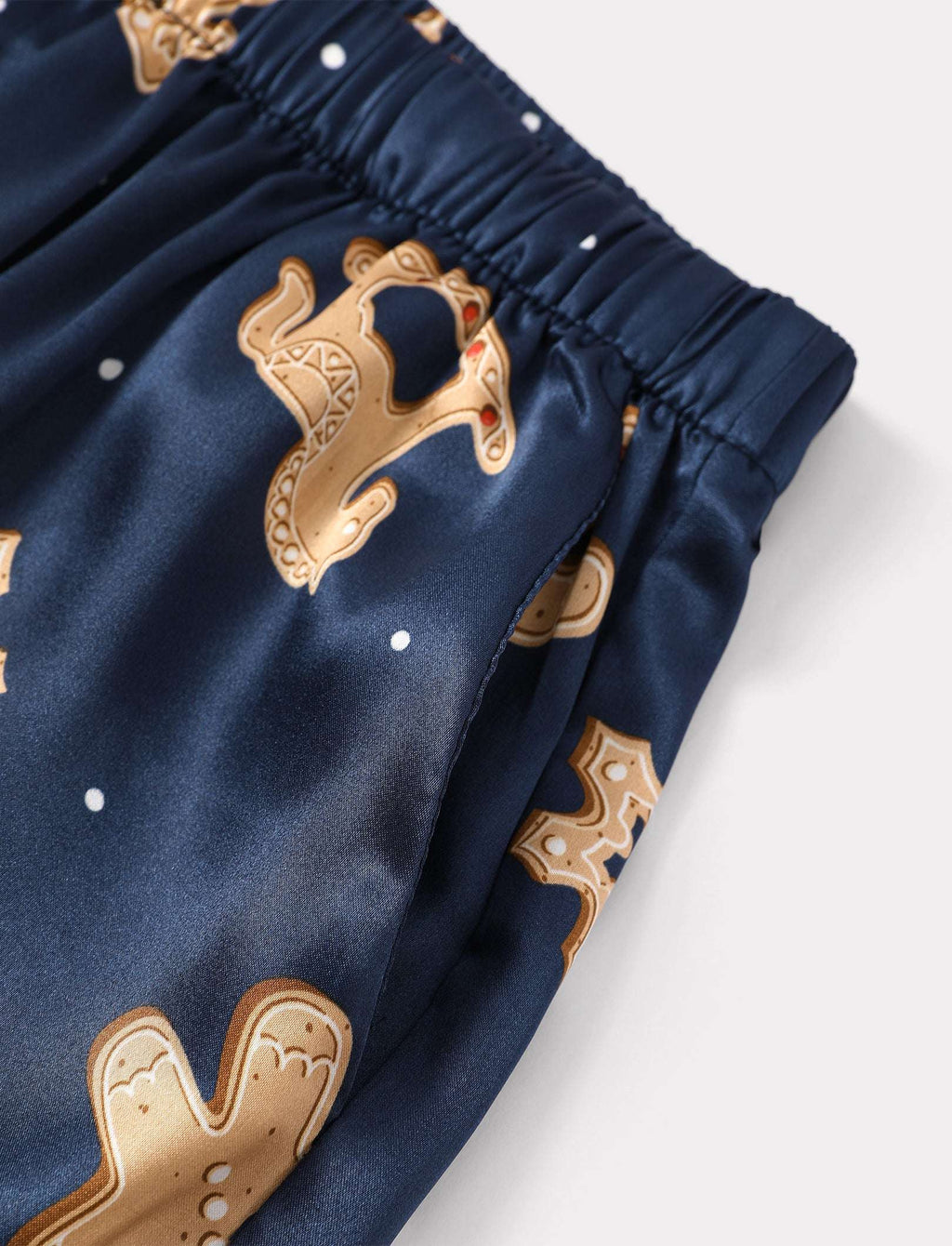 Family Matching Christmas Pajamas Gingerbread Print Satin Navy