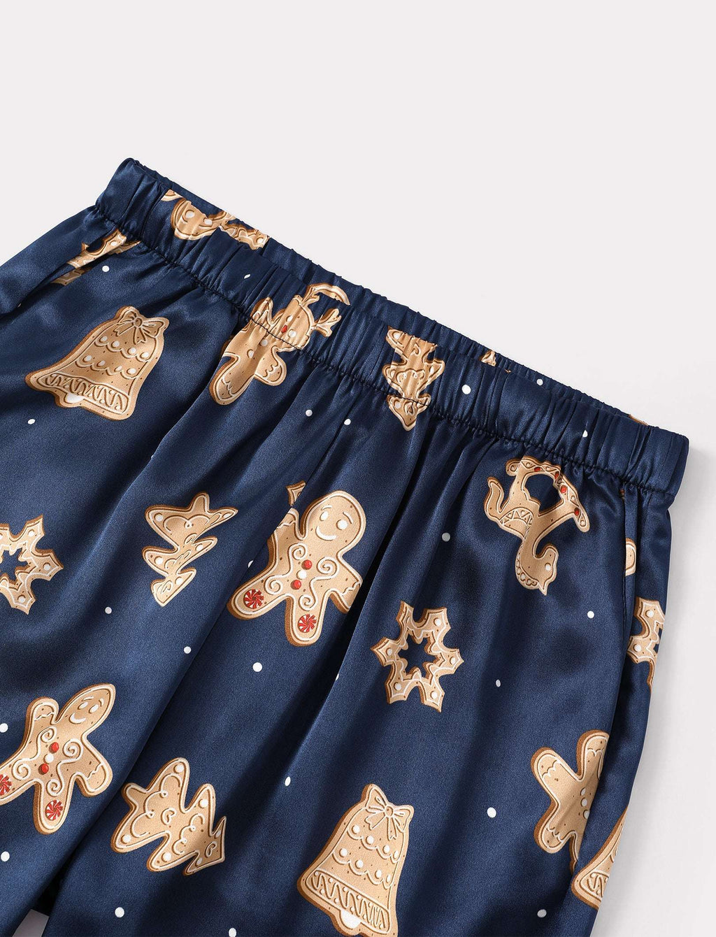 Family Matching Christmas Pajamas Gingerbread Print Satin Navy