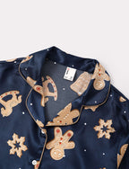 Family Matching Christmas Pajamas Gingerbread Print Satin Navy