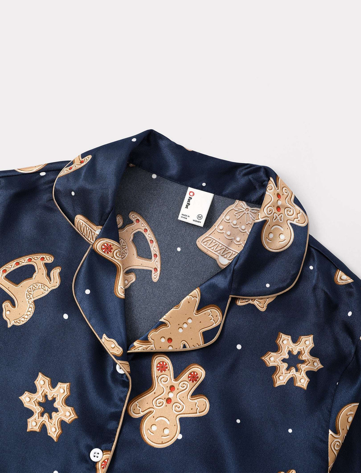 Family Matching Christmas Pajamas Gingerbread Print Satin Navy