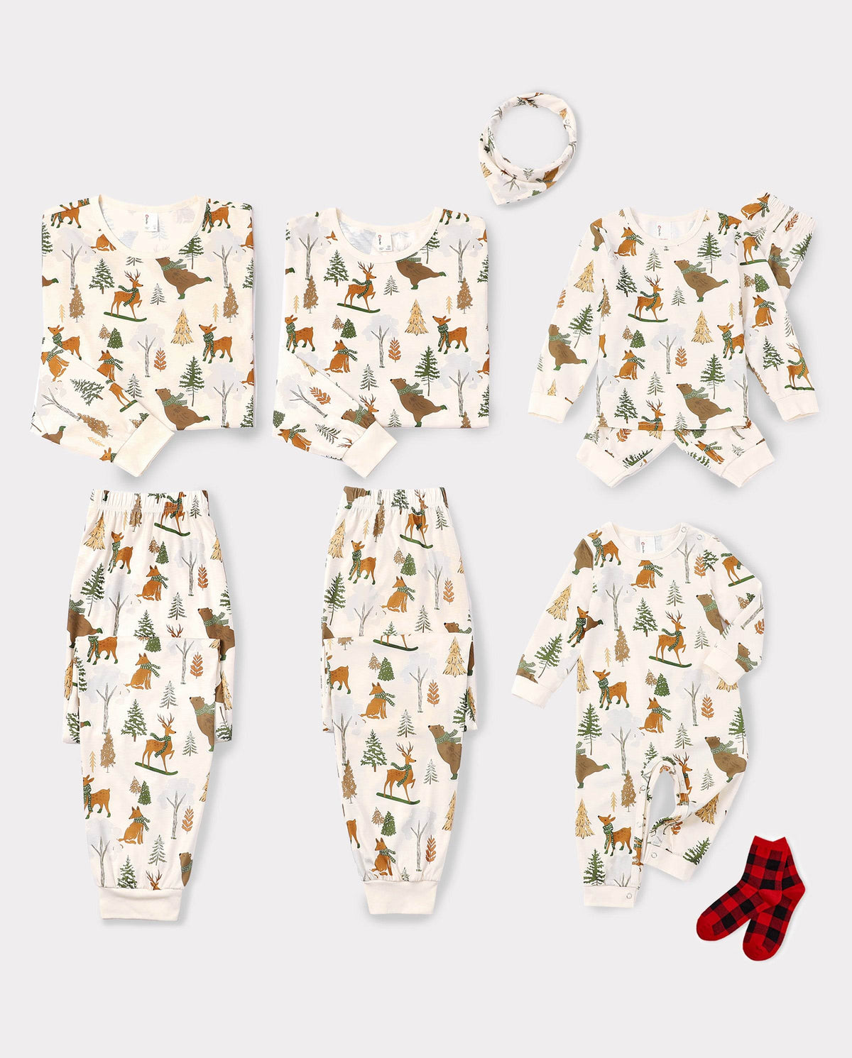 Matching Family Christmas Pajamas Woodland Print Beige