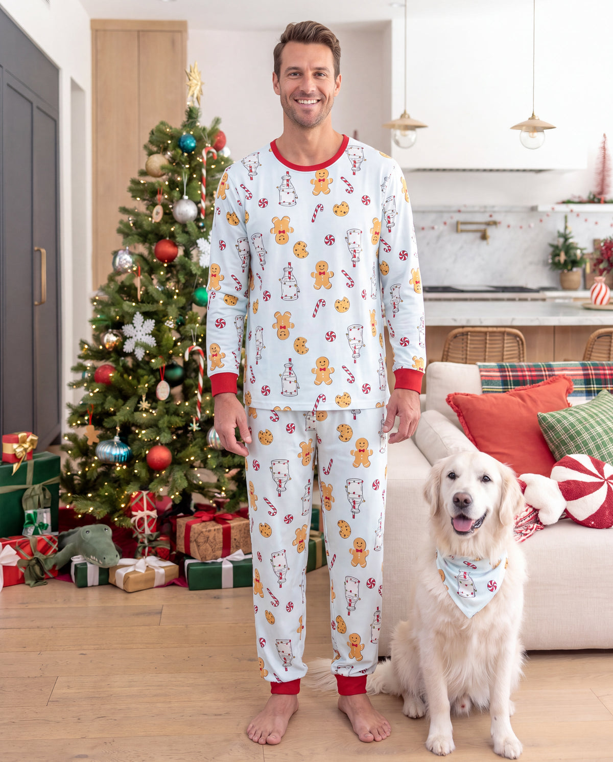 Family Matching Christmas Pajamas Gingerbread & Milk Print Blue
