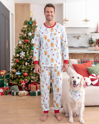 Family Matching Christmas Pajamas Gingerbread & Milk Print Blue