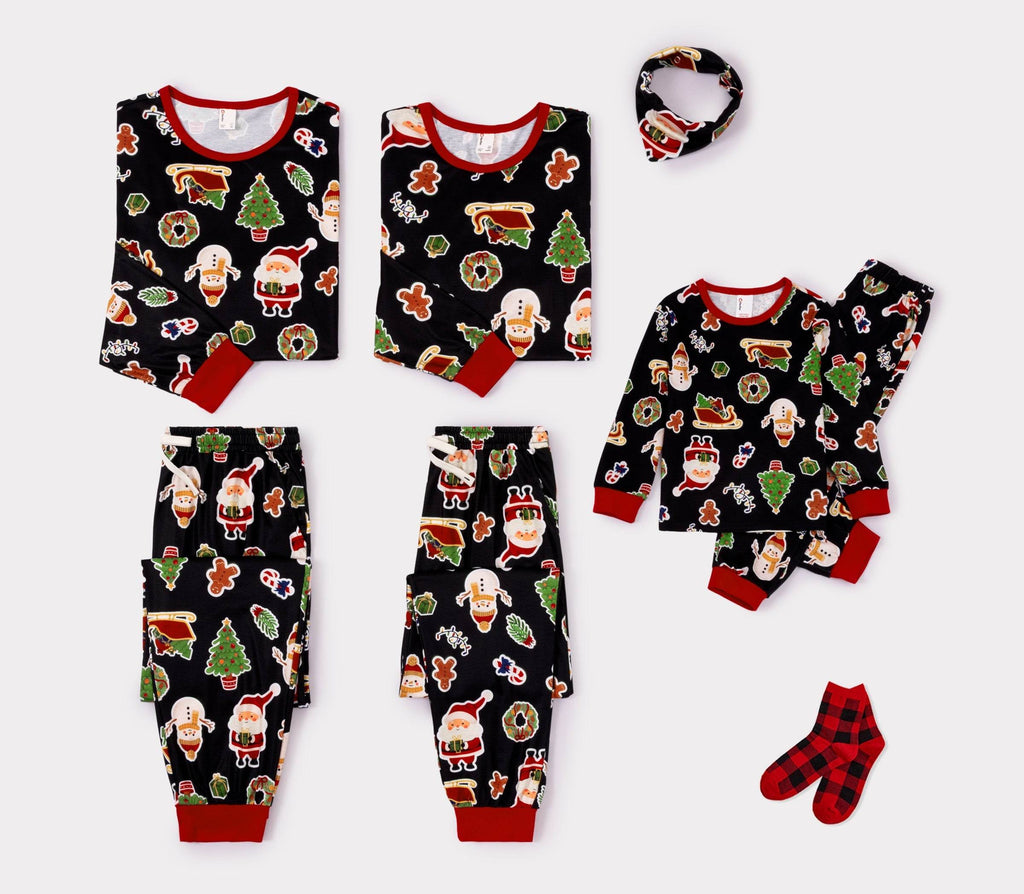 Family Matching Christmas Pajamas Christmas Tree & Gingerbread Print Black